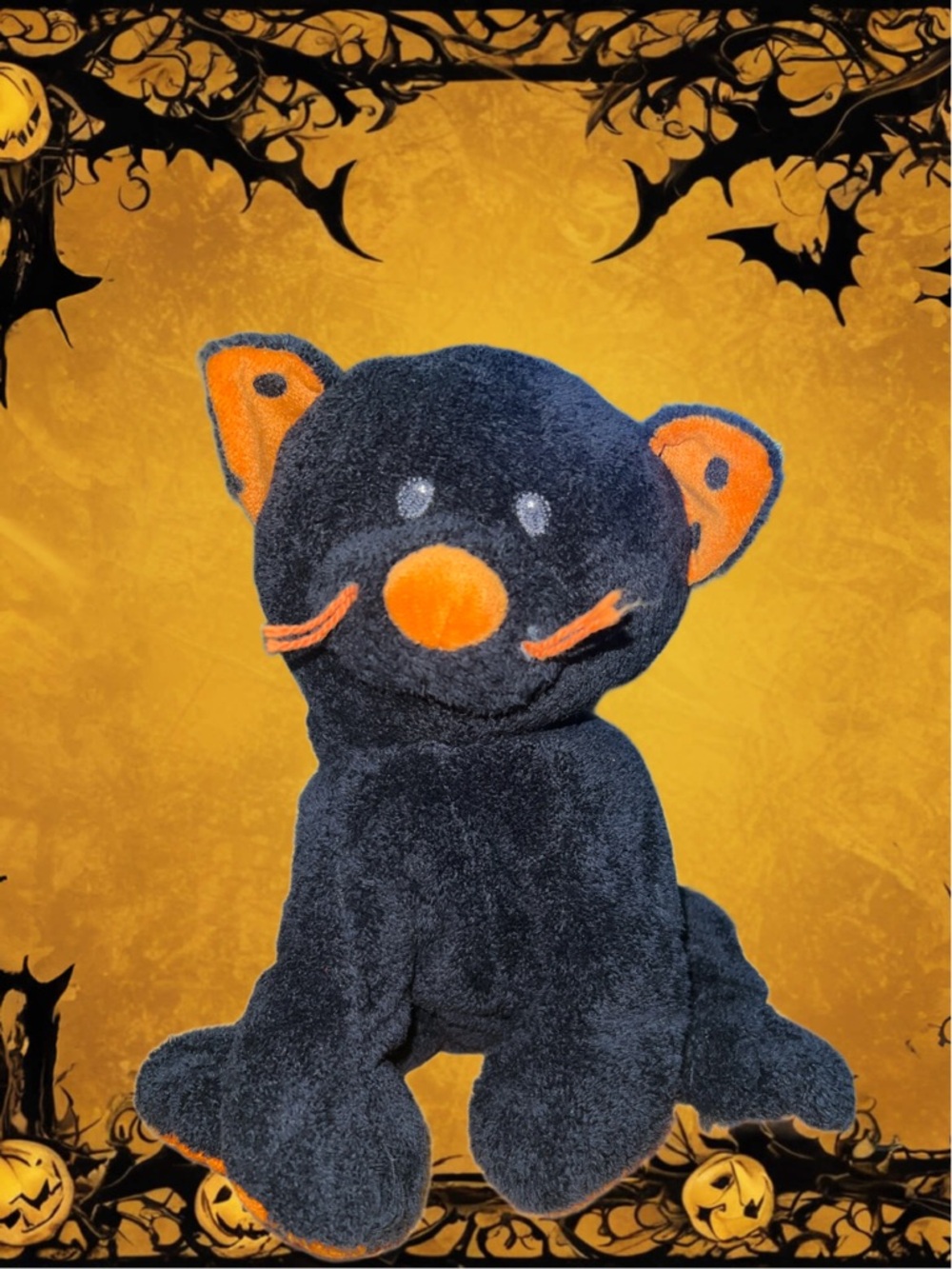 Ty Pluffies Halloween Cat TRICKERY  Black  Orange Polka Dot Ears Paws 2008 Tylux
